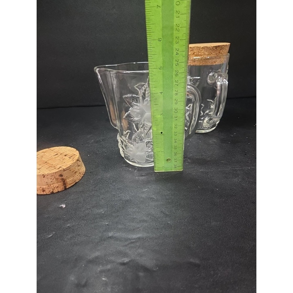 Embossed Floral Glass Pitcher‎ Set, Snub Nose Spout, Cork Top, Vintage Glassware - Picture 9 of 9